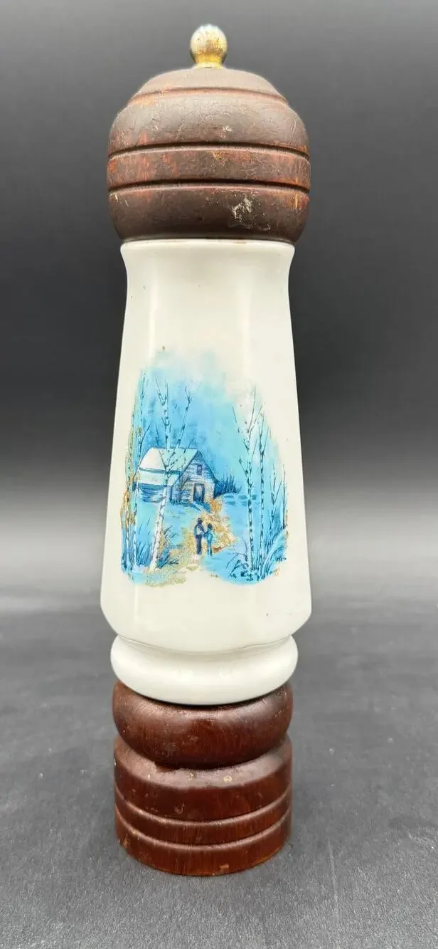 Vintage Pepper Grinder Wood and Porcelain Blue and White Winter Scene